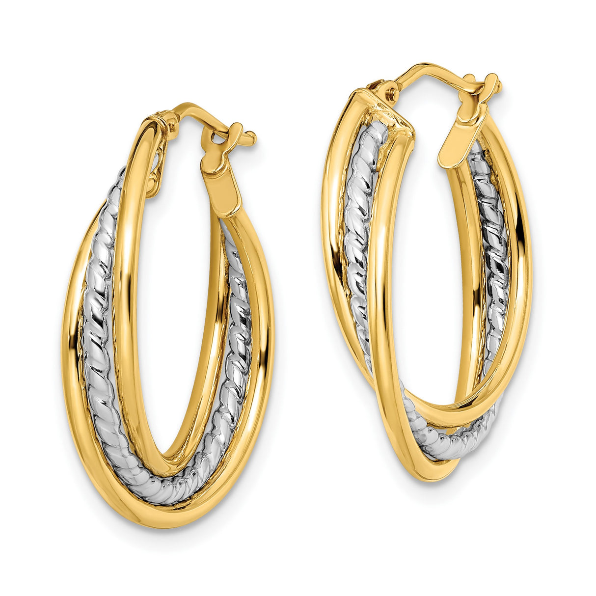14k Yellow Gold Hoop Earrings with Textured White Gold Inner Band, Two Tone Classic Style for Women