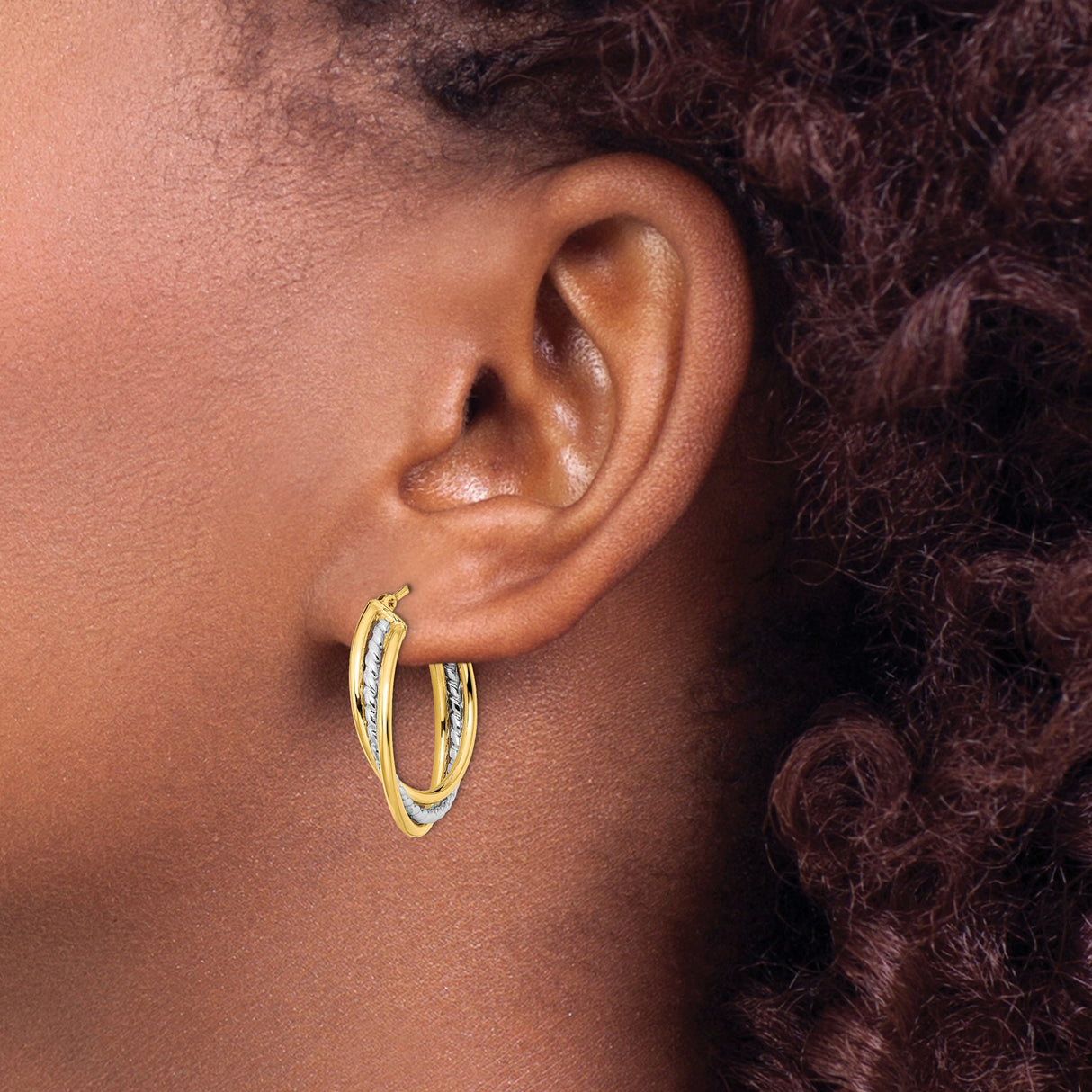 14k Yellow Gold Hoop Earrings with Textured White Gold Inner Band, Two Tone Classic Style for Women