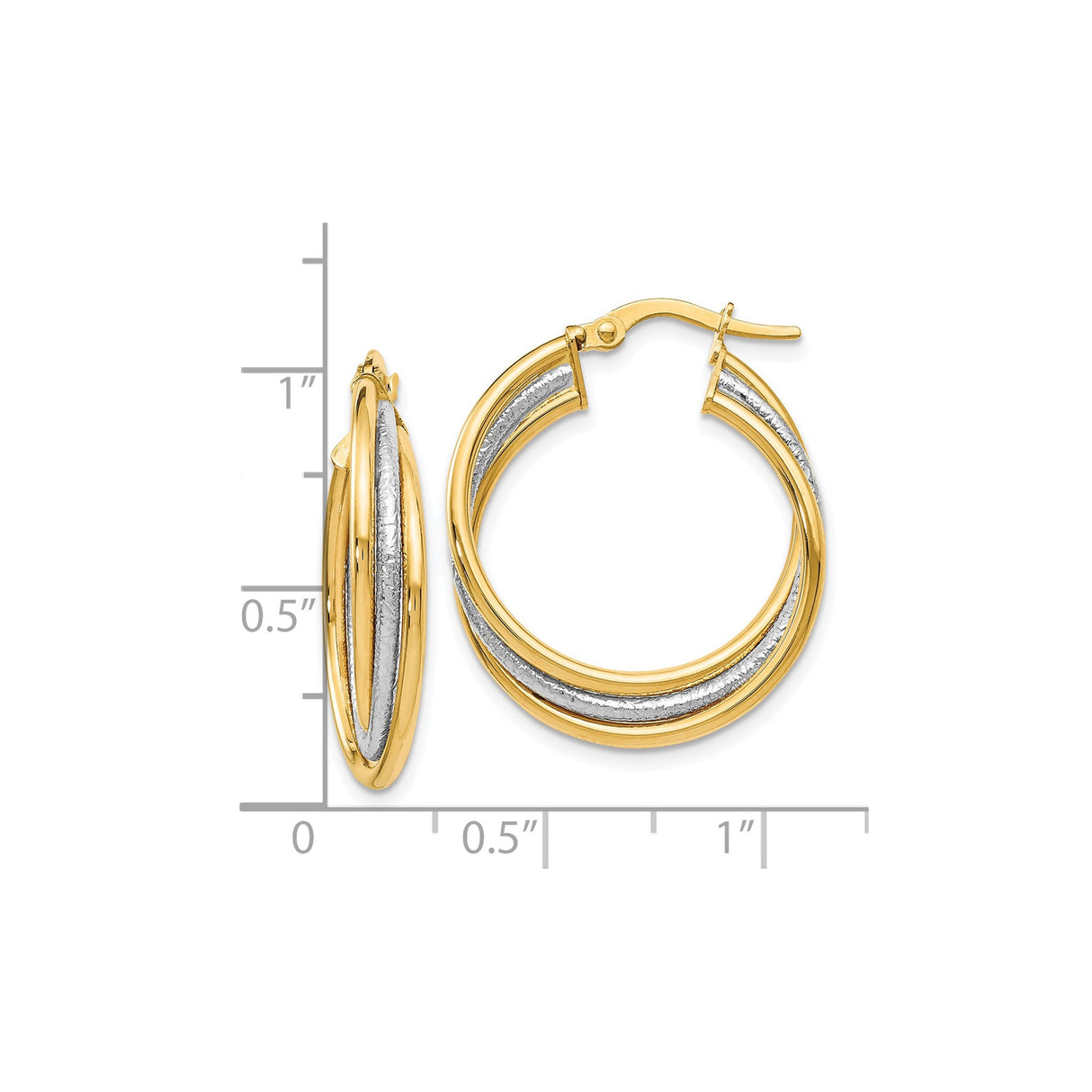 14k Yellow Gold Hoop Earrings with Textured White Gold Inner Band, Two Tone Classic Style for Women