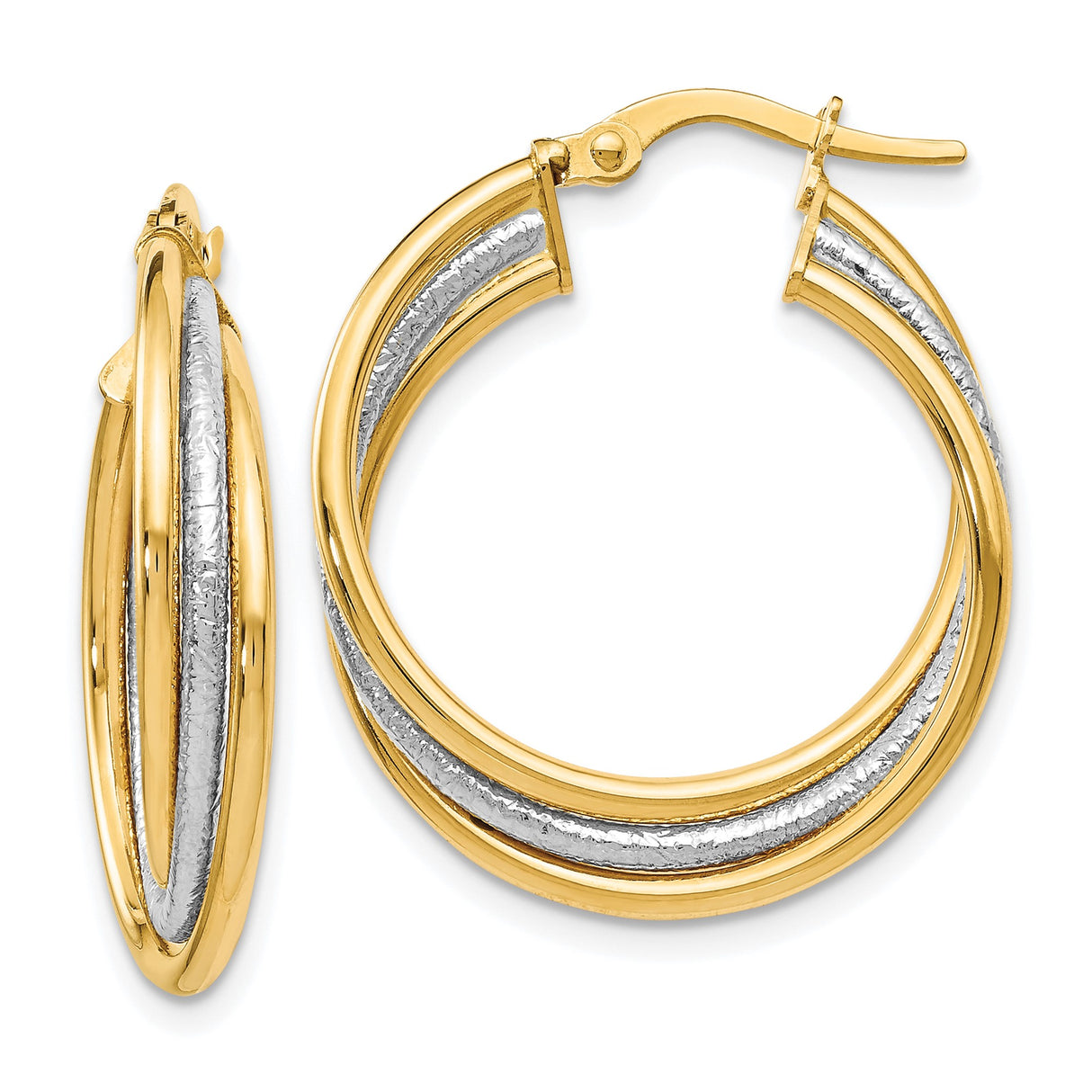 14k Yellow Gold Hoop Earrings with Textured White Gold Inner Band, Two Tone Classic Style for Women
