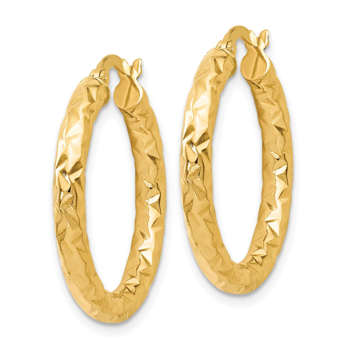 14k Yellow Gold Hoop Earrings with Diamond-Cut Faceted Finish, Textured Round Design