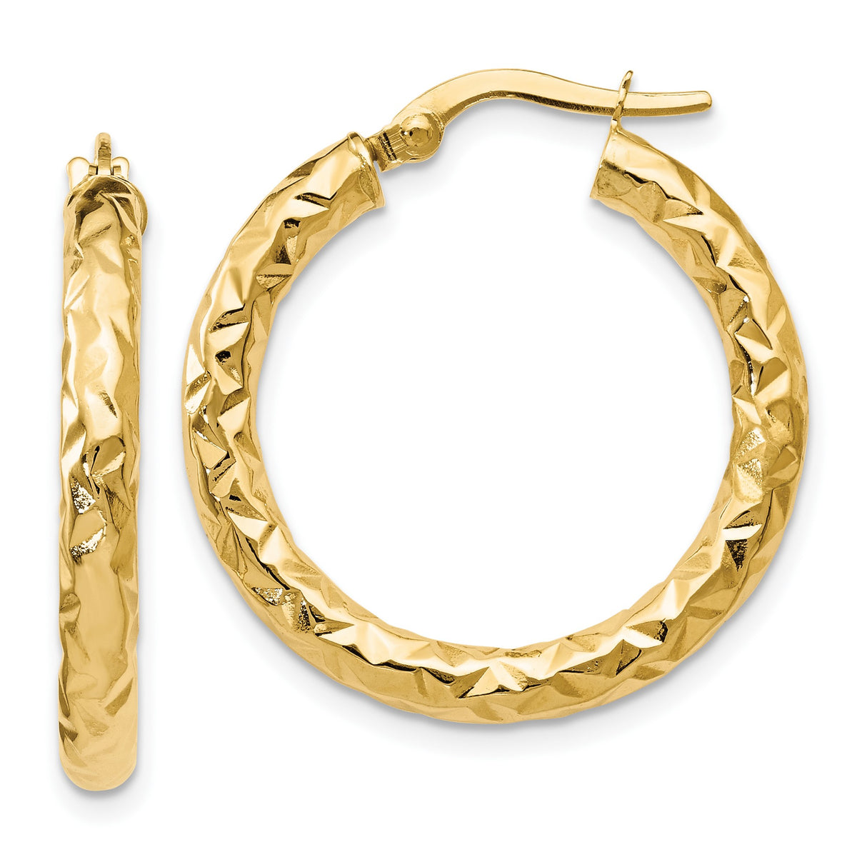 14k Yellow Gold Hoop Earrings with Diamond-Cut Faceted Finish, Textured Round Design