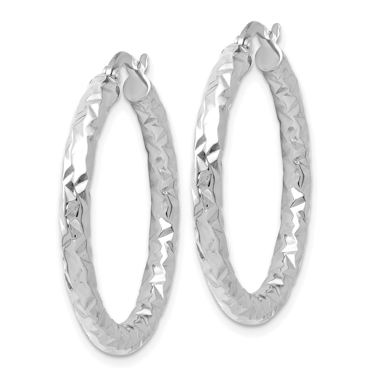 14k White Gold Hoop Earrings, Diamond Cut Textured Lightweight Polished Design for Women