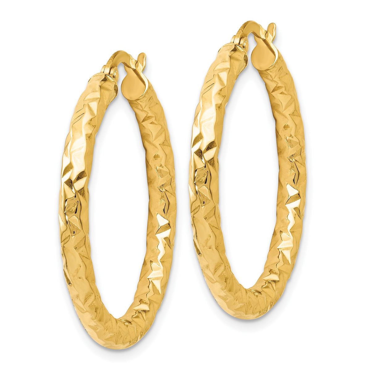 14k Yellow Gold Hoop Earrings, Textured Faceted Design, Lightweight with Latch Back Closure