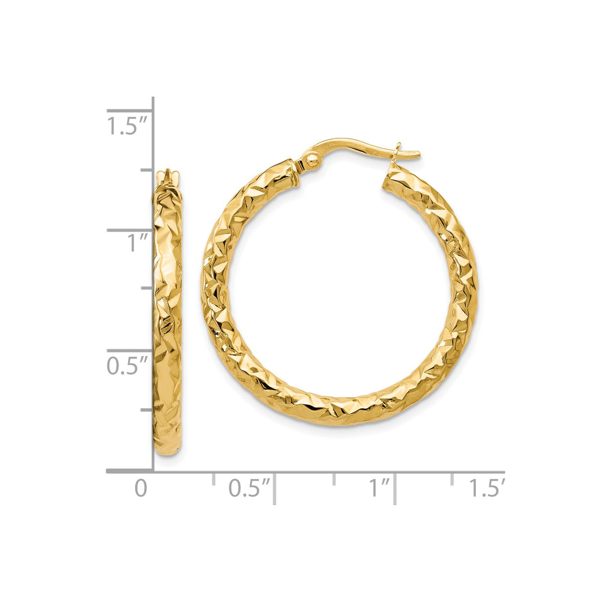 14k Yellow Gold Hoop Earrings, Textured Faceted Design, Lightweight with Latch Back Closure