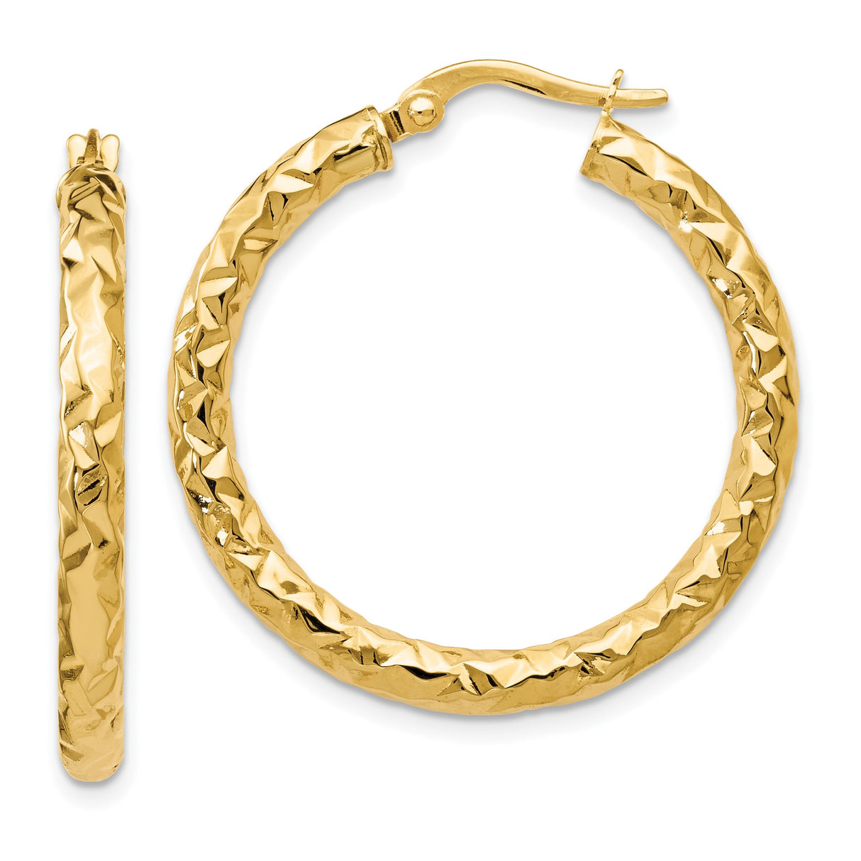 14k Yellow Gold Hoop Earrings, Textured Faceted Design, Lightweight with Latch Back Closure