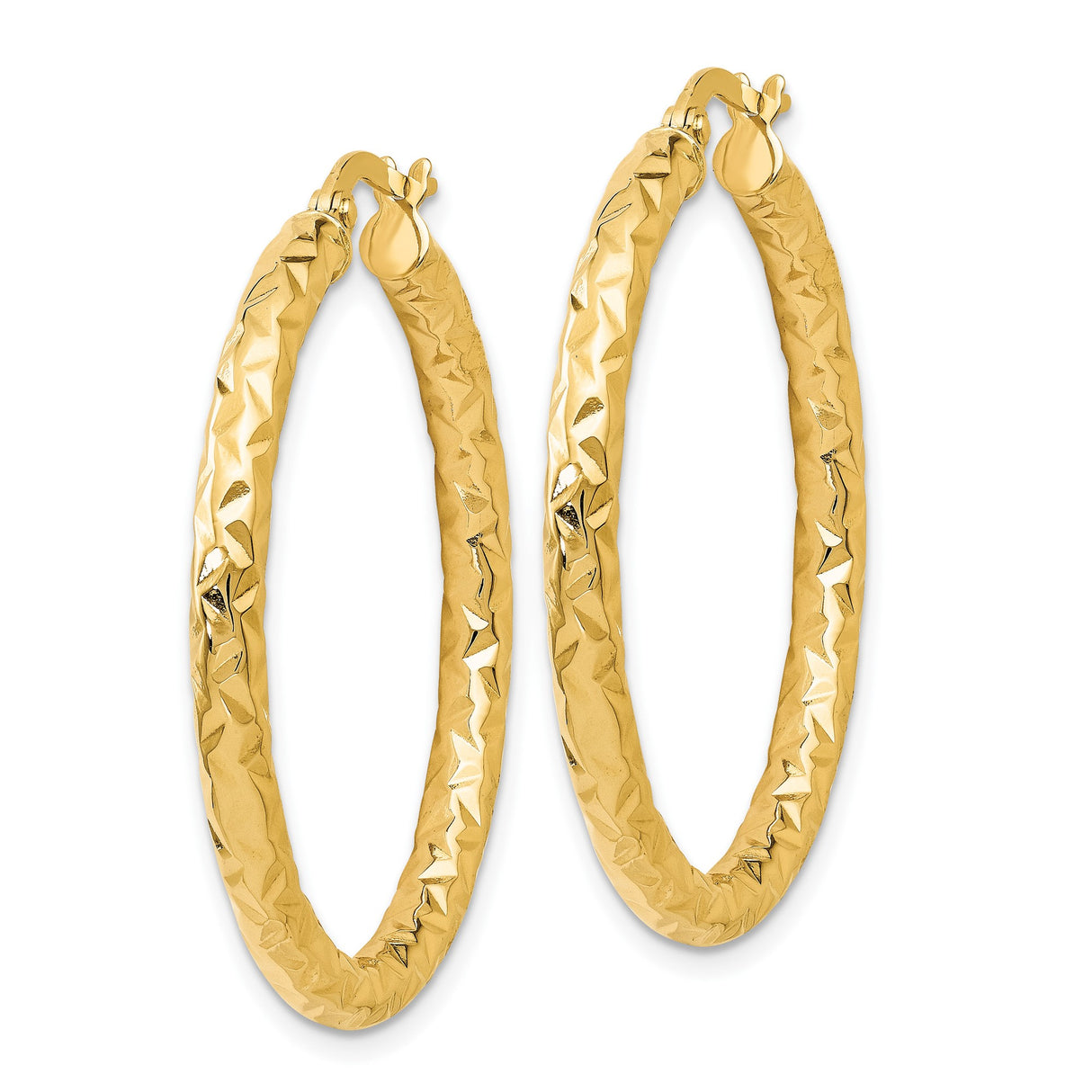 14k Yellow Gold Hoop Earrings, Diamond Cut Textured Round Hoops, Lightweight Polished Finish