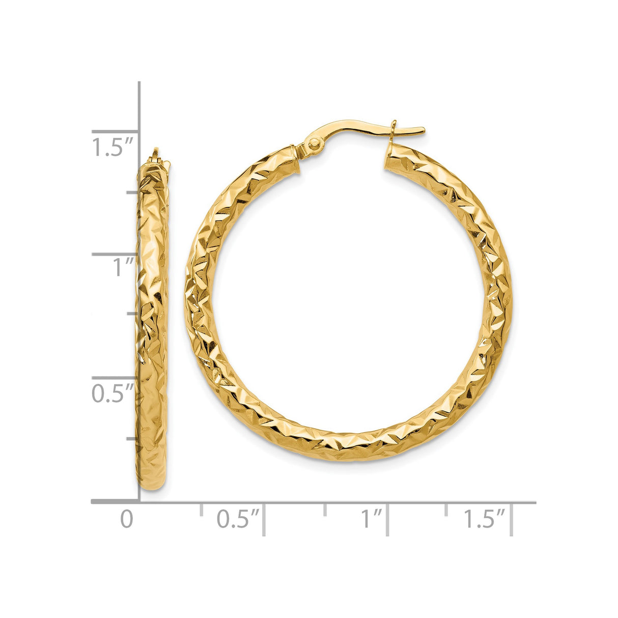 14k Yellow Gold Hoop Earrings, Diamond Cut Textured Round Hoops, Lightweight Polished Finish