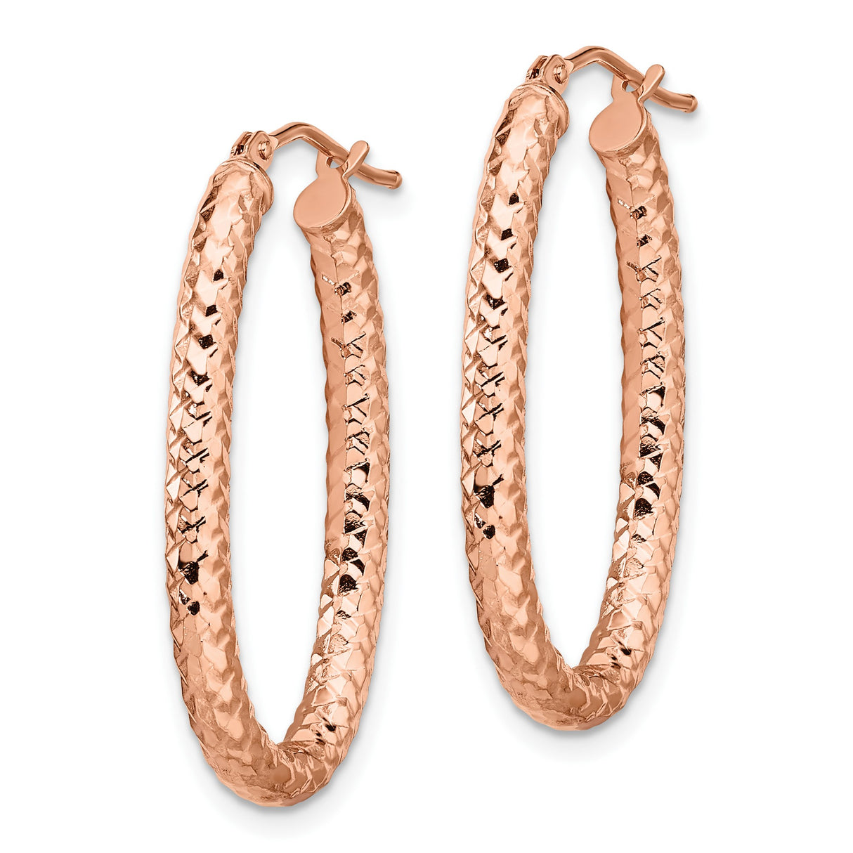 14k Rose Gold Oval Hoop Earrings with Diamond Cut Texture and Polished Finish