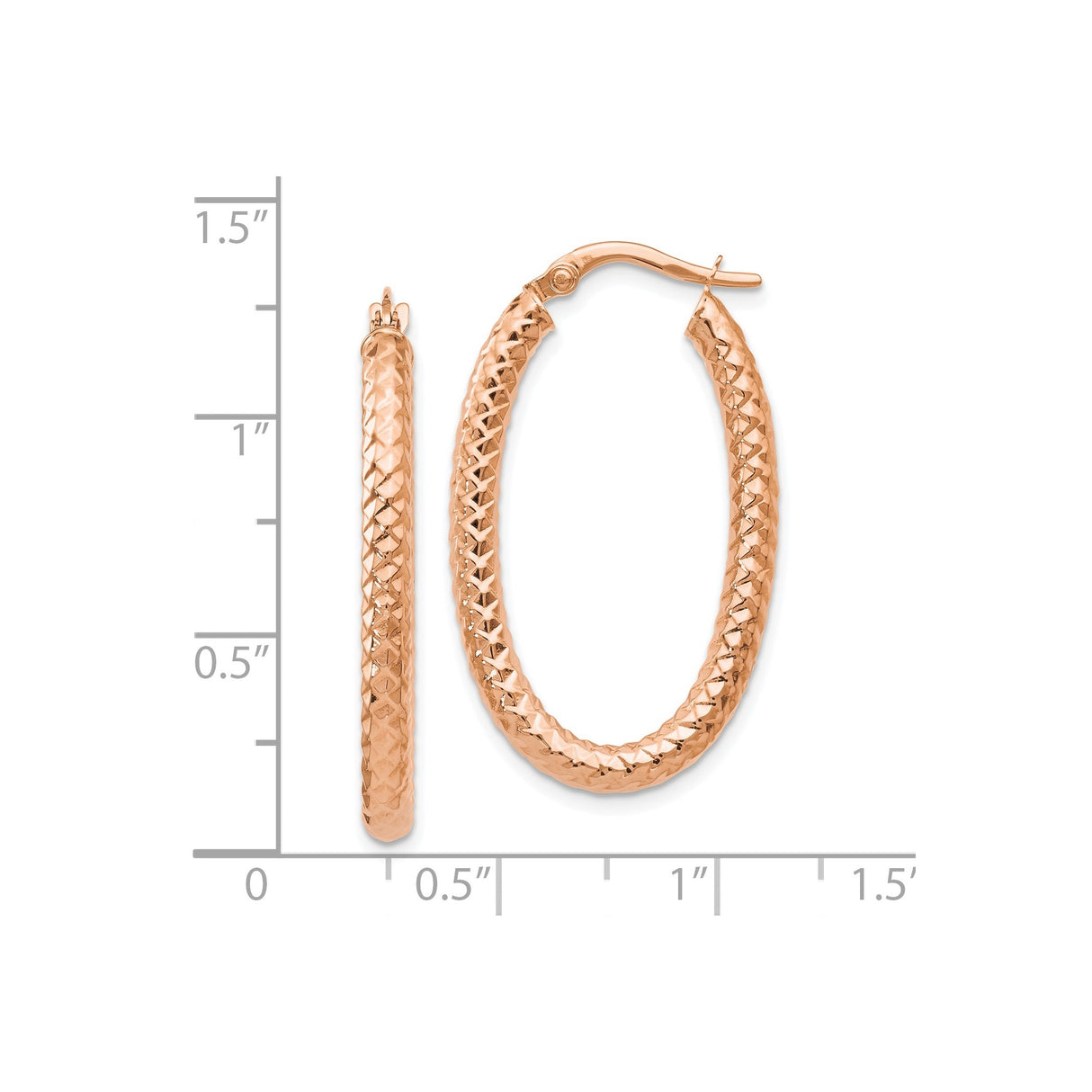 14k Rose Gold Oval Hoop Earrings with Diamond Cut Texture and Polished Finish