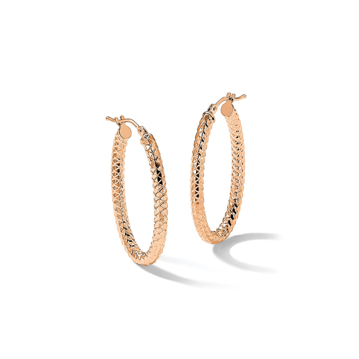 14k Rose Gold Oval Hoop Earrings with Diamond Cut Texture and Polished Finish