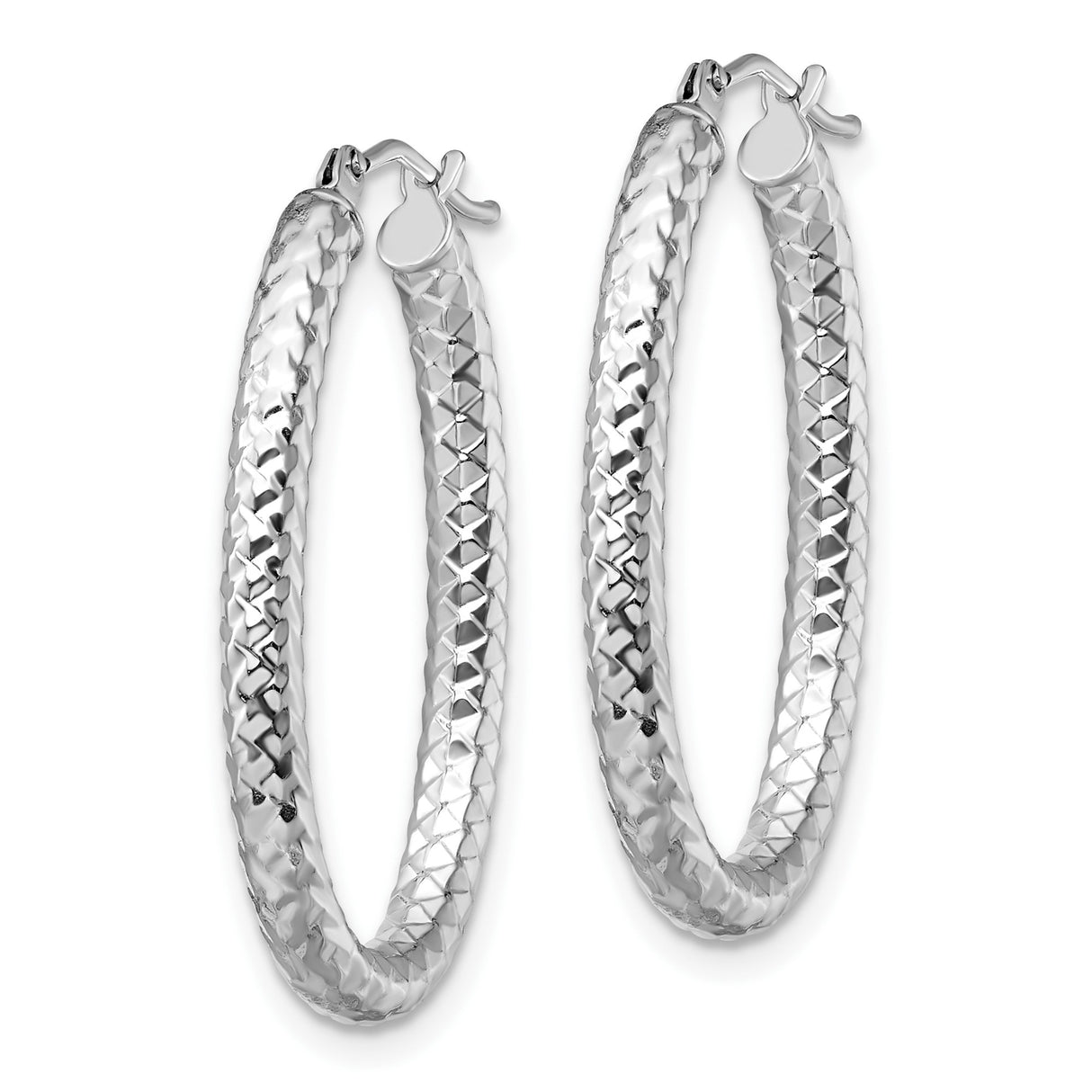 14k White Gold Oval Hoop Earrings, Textured Diamond Cut Design, Lightweight Polished Style