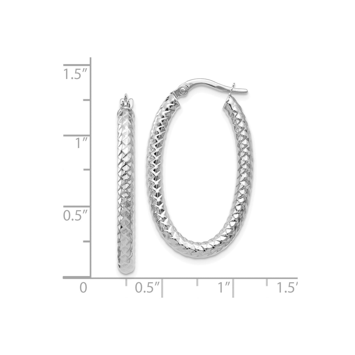 14k White Gold Oval Hoop Earrings, Textured Diamond Cut Design, Lightweight Polished Style