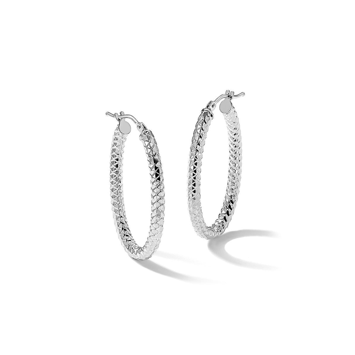 14k White Gold Oval Hoop Earrings, Textured Diamond Cut Design, Lightweight Polished Style