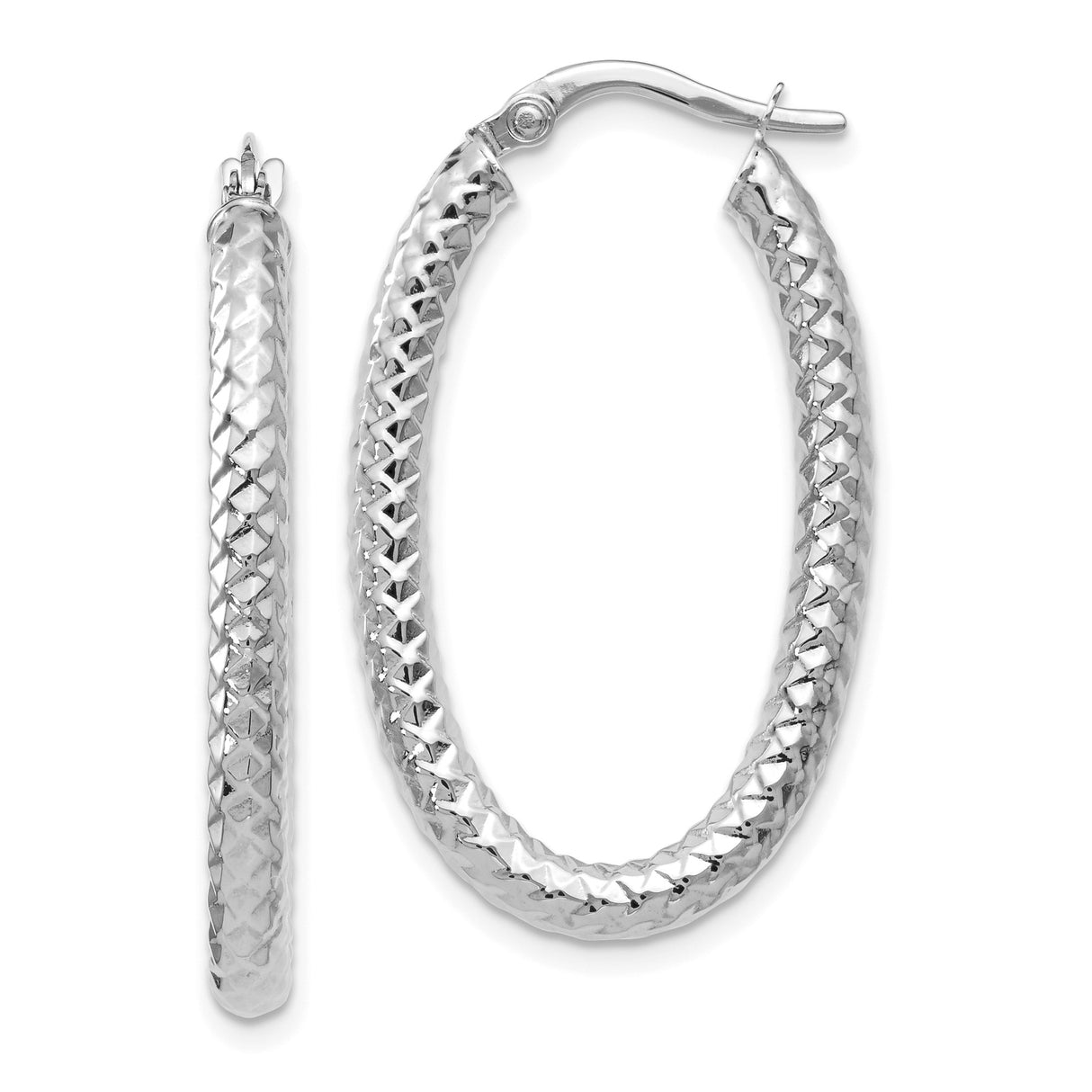 14k White Gold Oval Hoop Earrings, Textured Diamond Cut Design, Lightweight Polished Style