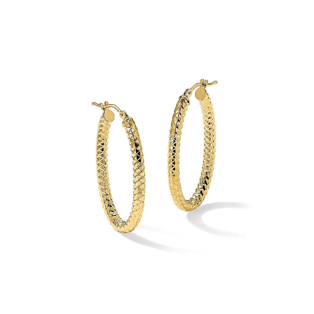 14k Yellow Gold Hoop Earrings, Diamond Cut Textured Round Hoops, Bold Lightweight Design