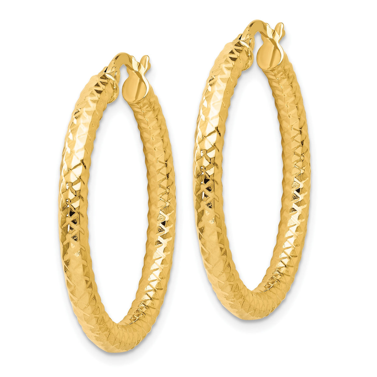14k Yellow Gold Hoop Earrings with Textured Diamond Cut Finish, Lightweight Latch Back Design