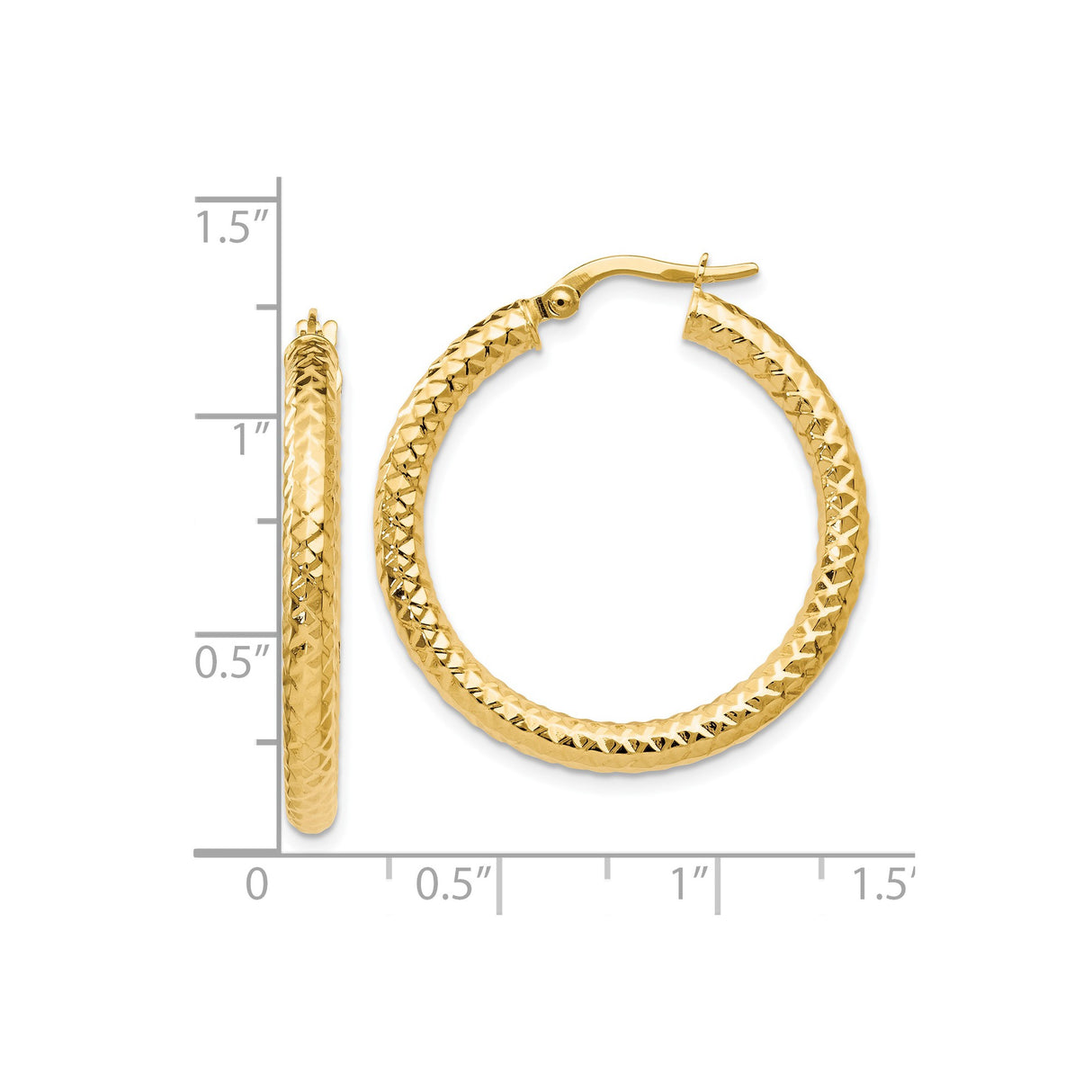 14k Yellow Gold Hoop Earrings with Textured Diamond Cut Finish, Lightweight Latch Back Design