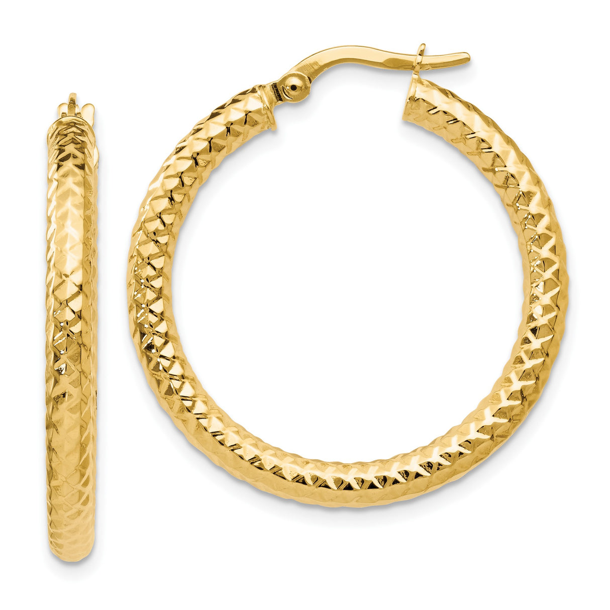 14k Yellow Gold Hoop Earrings with Textured Diamond Cut Finish, Lightweight Latch Back Design