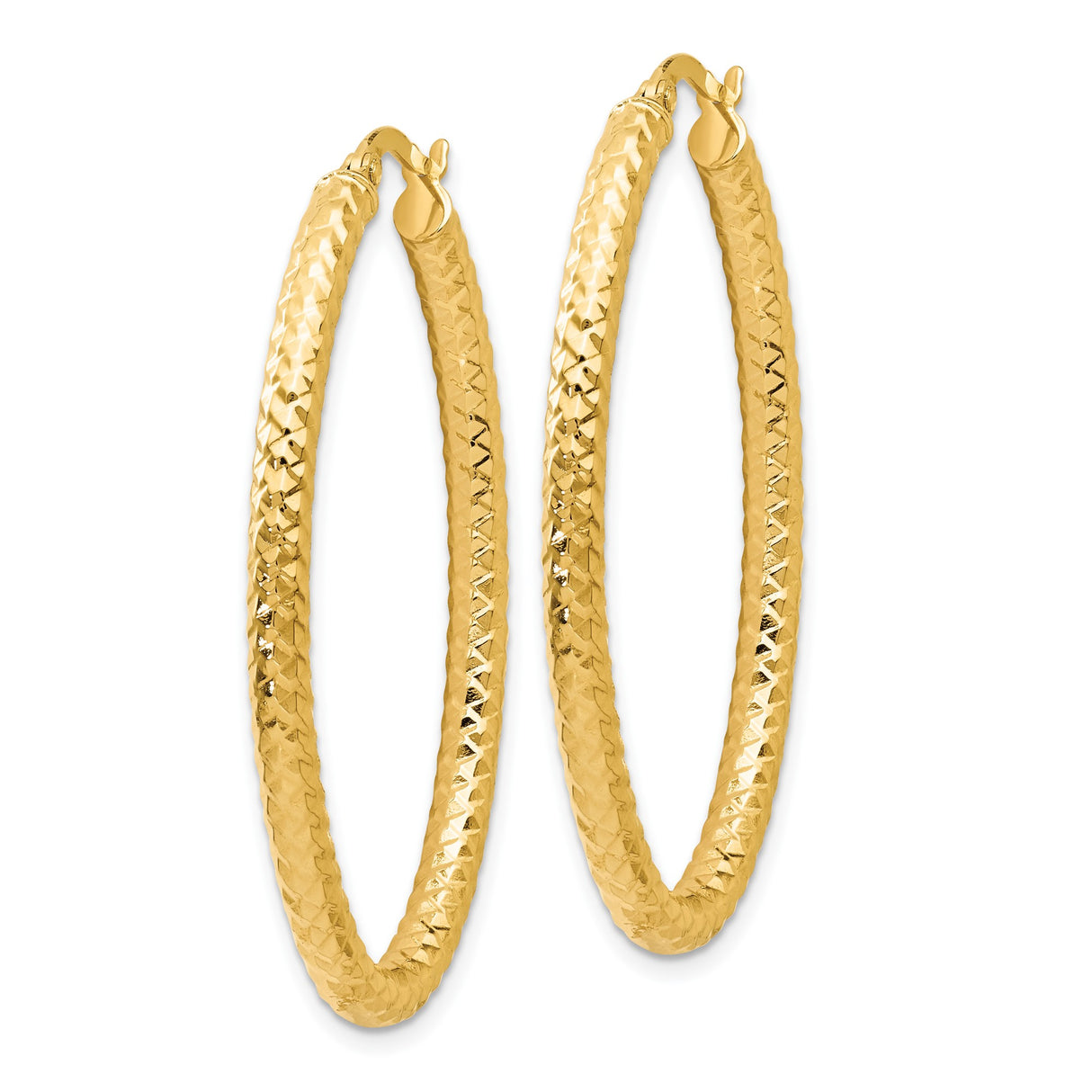 14k Yellow Gold Hoop Earrings, Diamond Cut Textured Oval Design, Lightweight Sparkly Finish