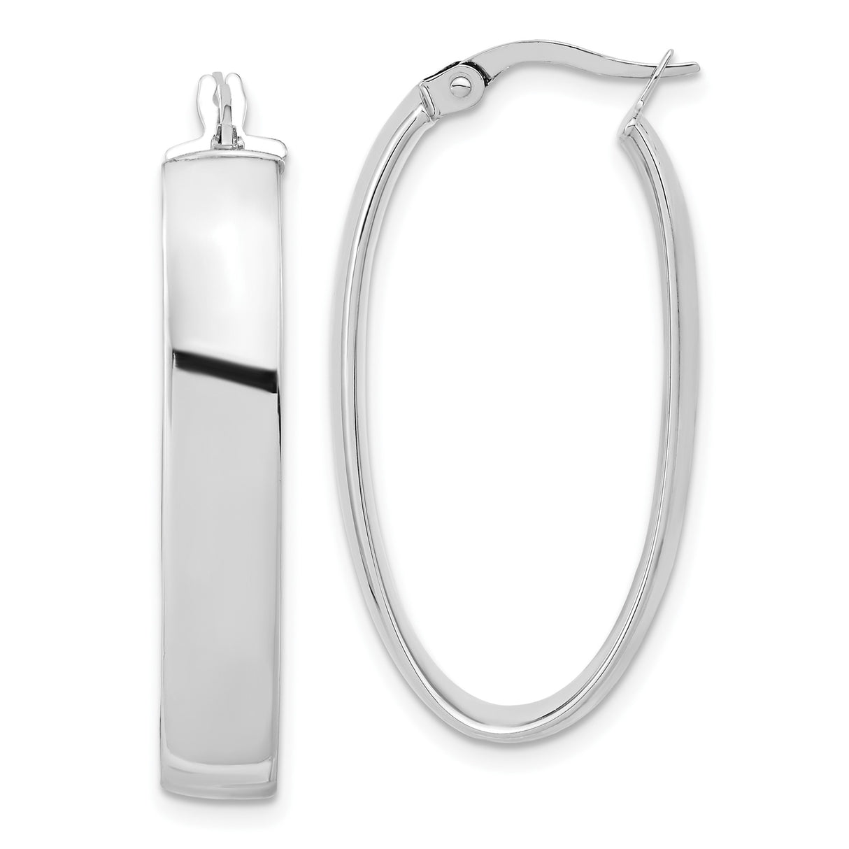 14k White Gold Oval Hoop Earrings, Polished Finish, Lightweight, Latch Back Closure, Minimalist Style