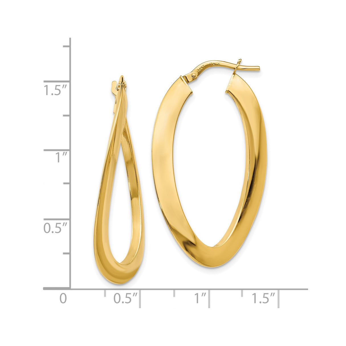14k Yellow Gold Twisted Oval Hoop Earrings, High Polish Finish, Lightweight Modern Style