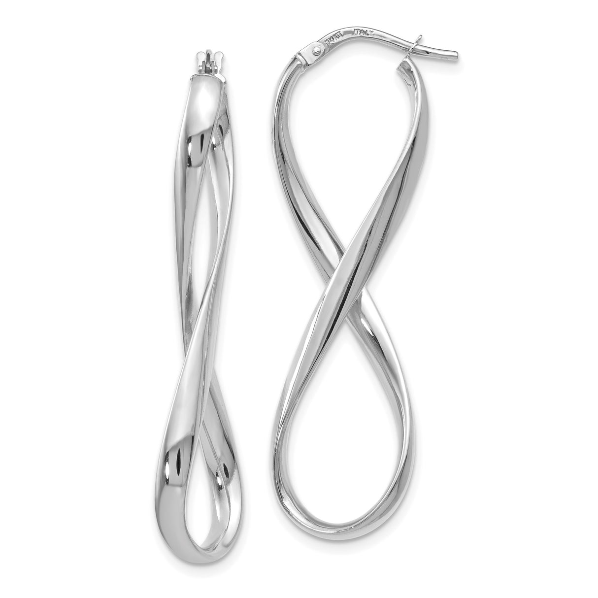 14k White Gold Infinity Hoop Earrings, Twisted Design, Polished Finish, Lightweight and Modern