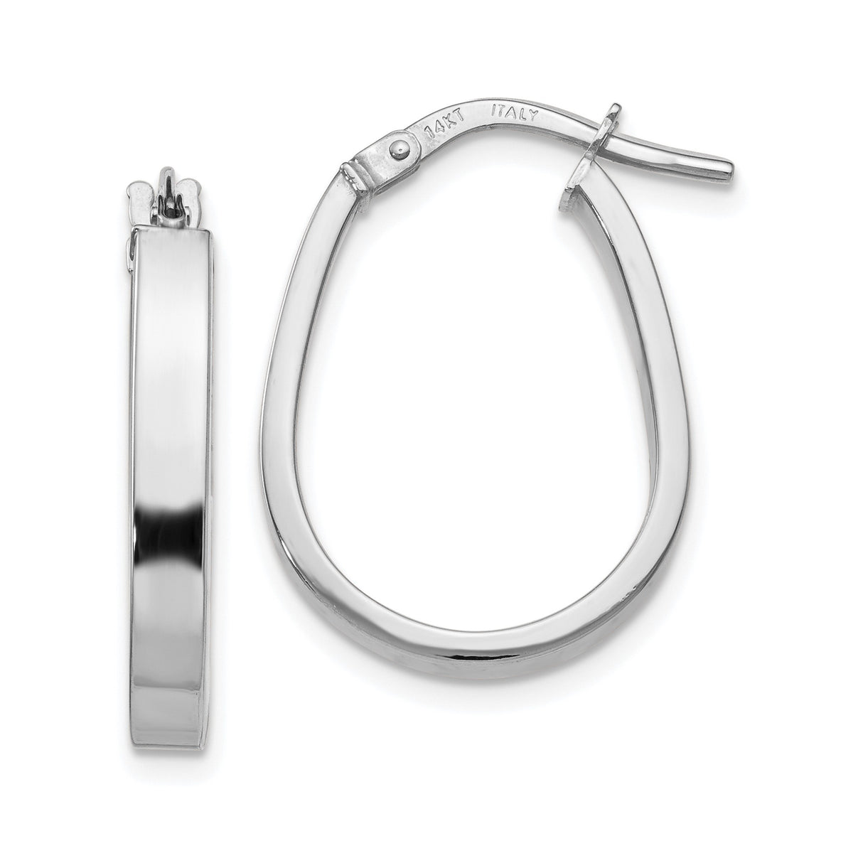 14k White Gold Oval Hoop Earrings, Flat Edge Polished Finish, Lightweight Italian Style