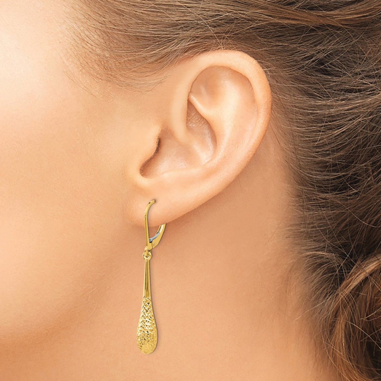 14k Yellow Gold Drop Earrings with Textured Teardrop Design and Leverback Closure