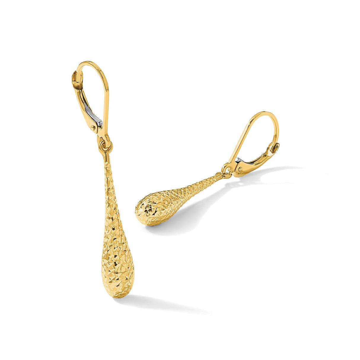 14k Yellow Gold Drop Earrings with Textured Teardrop Design and Leverback Closure