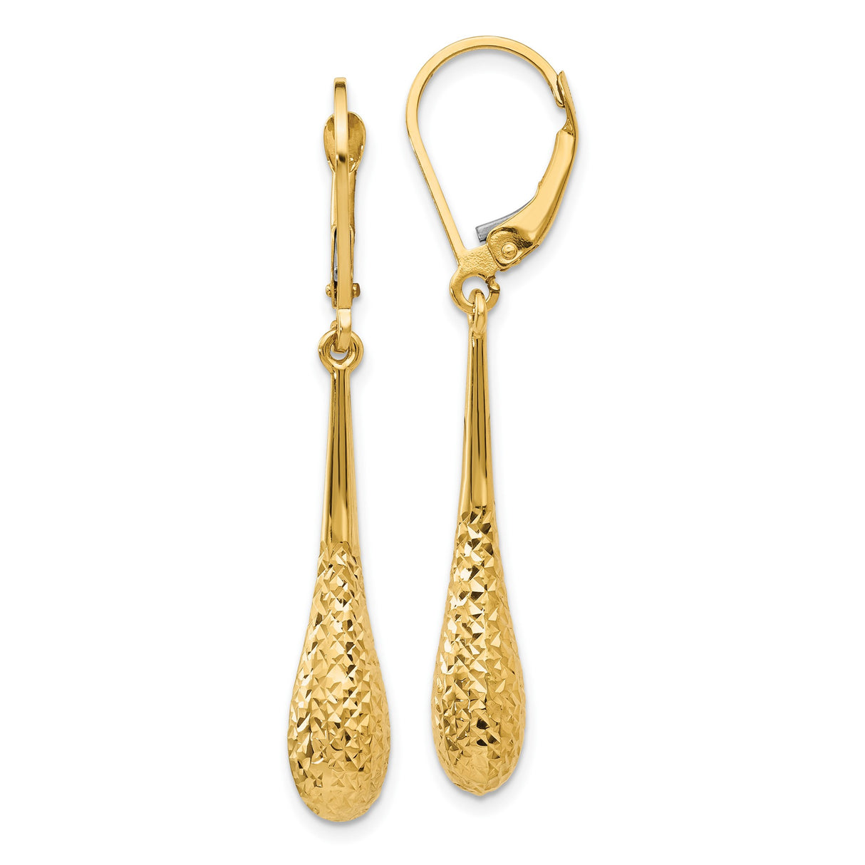 14k Yellow Gold Drop Earrings with Textured Teardrop Design and Leverback Closure