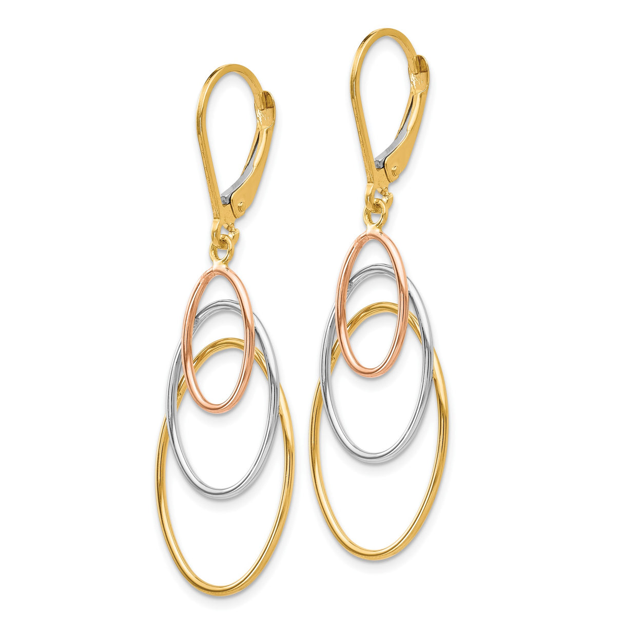 14k Tri-Color Gold Drop Earrings with Interlocking Oval Hoops for Women