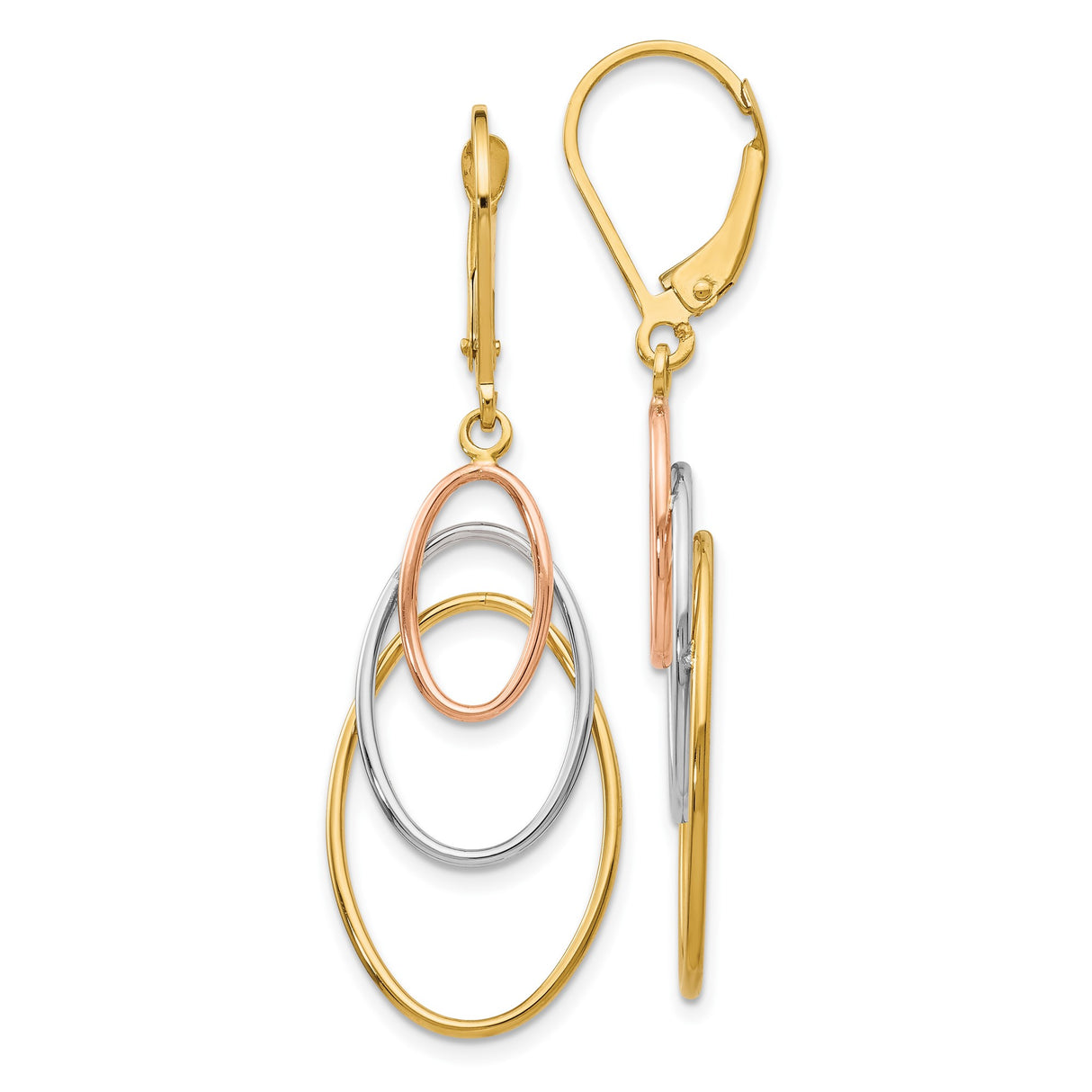 14k Tri-Color Gold Drop Earrings with Interlocking Oval Hoops for Women