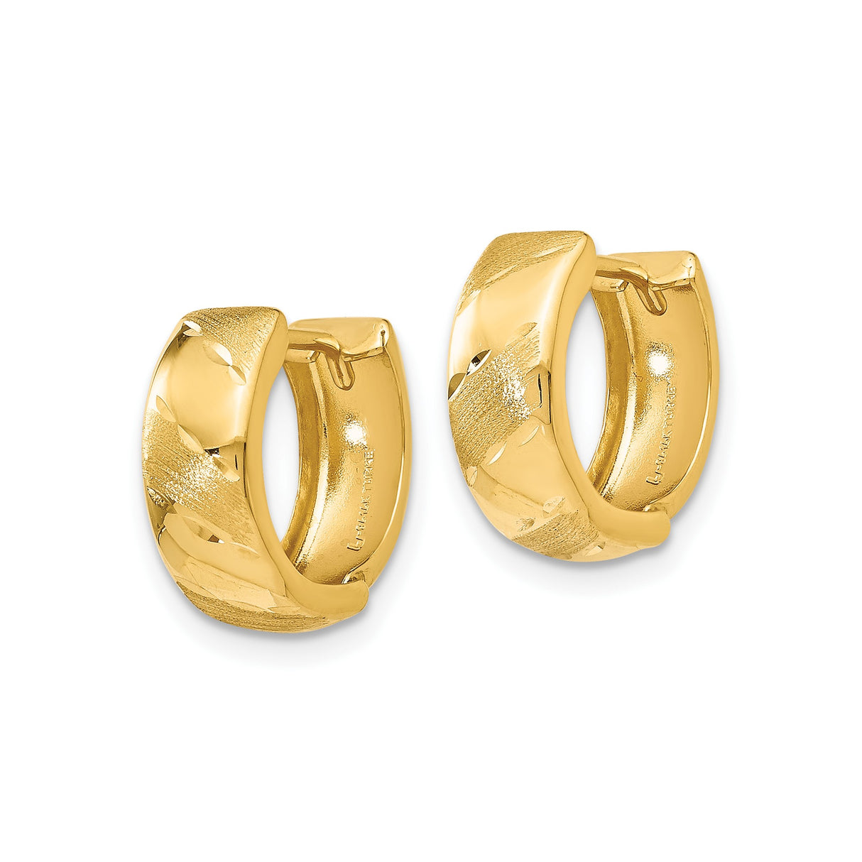 14k Yellow Gold Hoop Earrings with Polished and Brushed Satin Finish, Diagonal Leaf Pattern