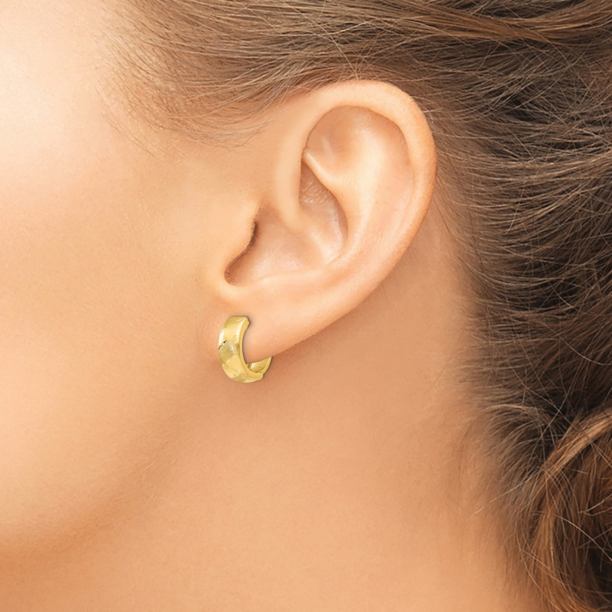 14k Yellow Gold Hoop Earrings with Polished and Brushed Satin Finish, Diagonal Leaf Pattern