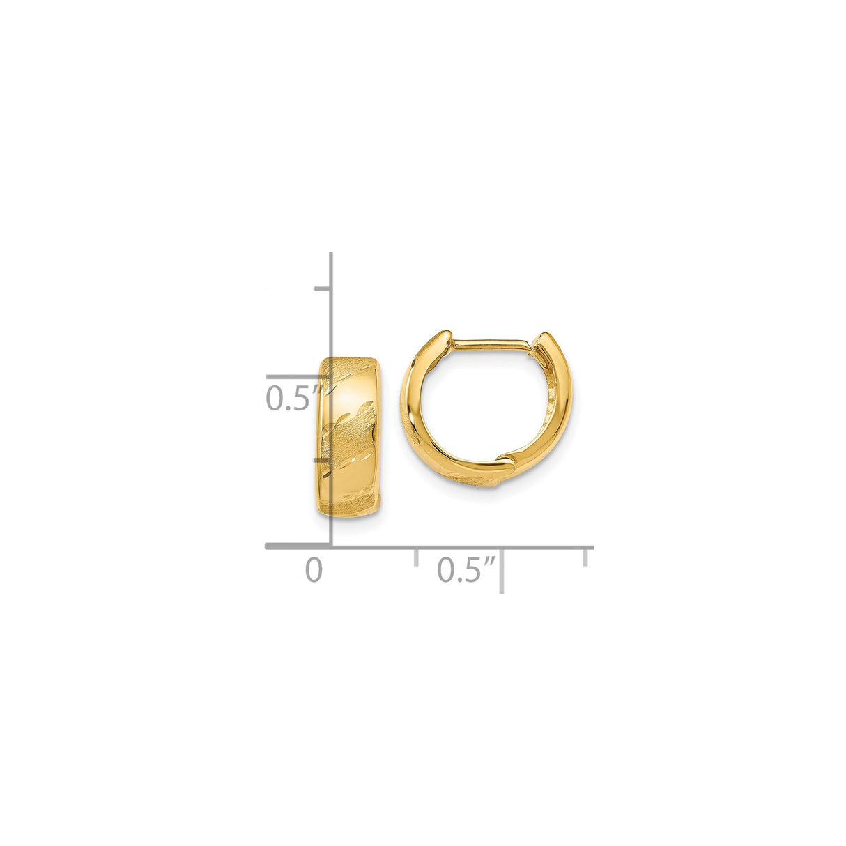 14k Yellow Gold Hoop Earrings with Polished and Brushed Satin Finish, Diagonal Leaf Pattern