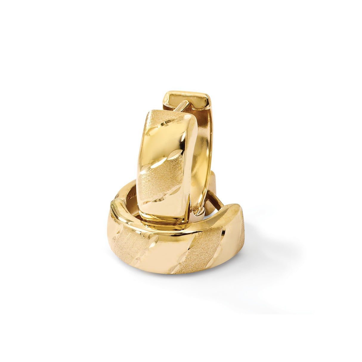 14k Yellow Gold Hoop Earrings with Polished and Brushed Satin Finish, Diagonal Leaf Pattern