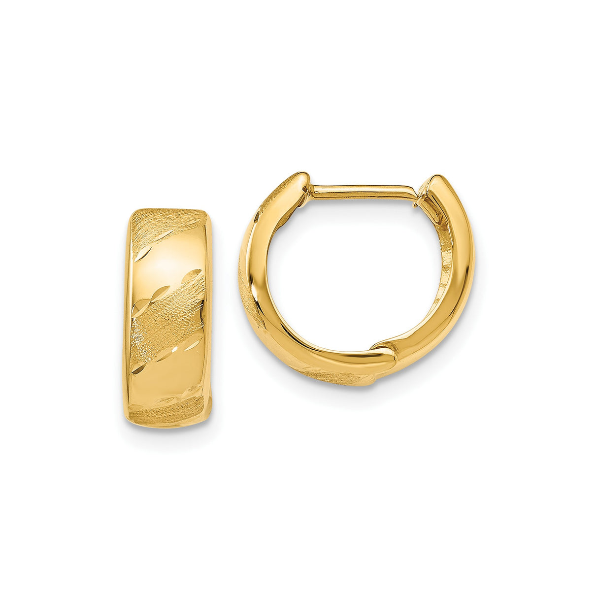 14k Yellow Gold Hoop Earrings with Polished and Brushed Satin Finish, Diagonal Leaf Pattern