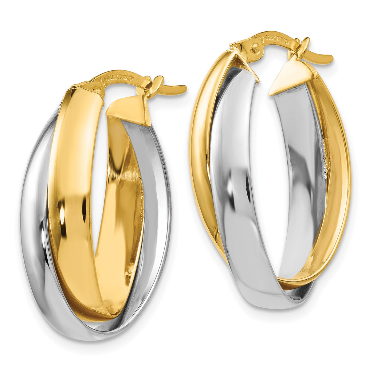 14k Two-Tone Gold Oval Hoop Earrings with Twisted Yellow and White Gold Design