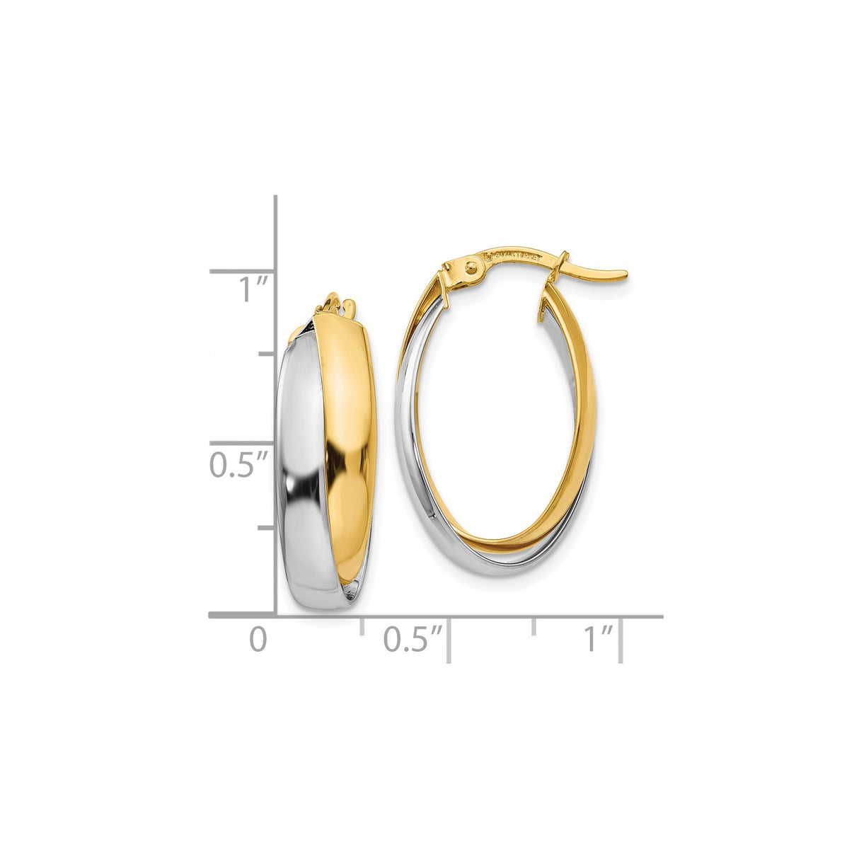 14k Two-Tone Gold Oval Hoop Earrings with Twisted Yellow and White Gold Design