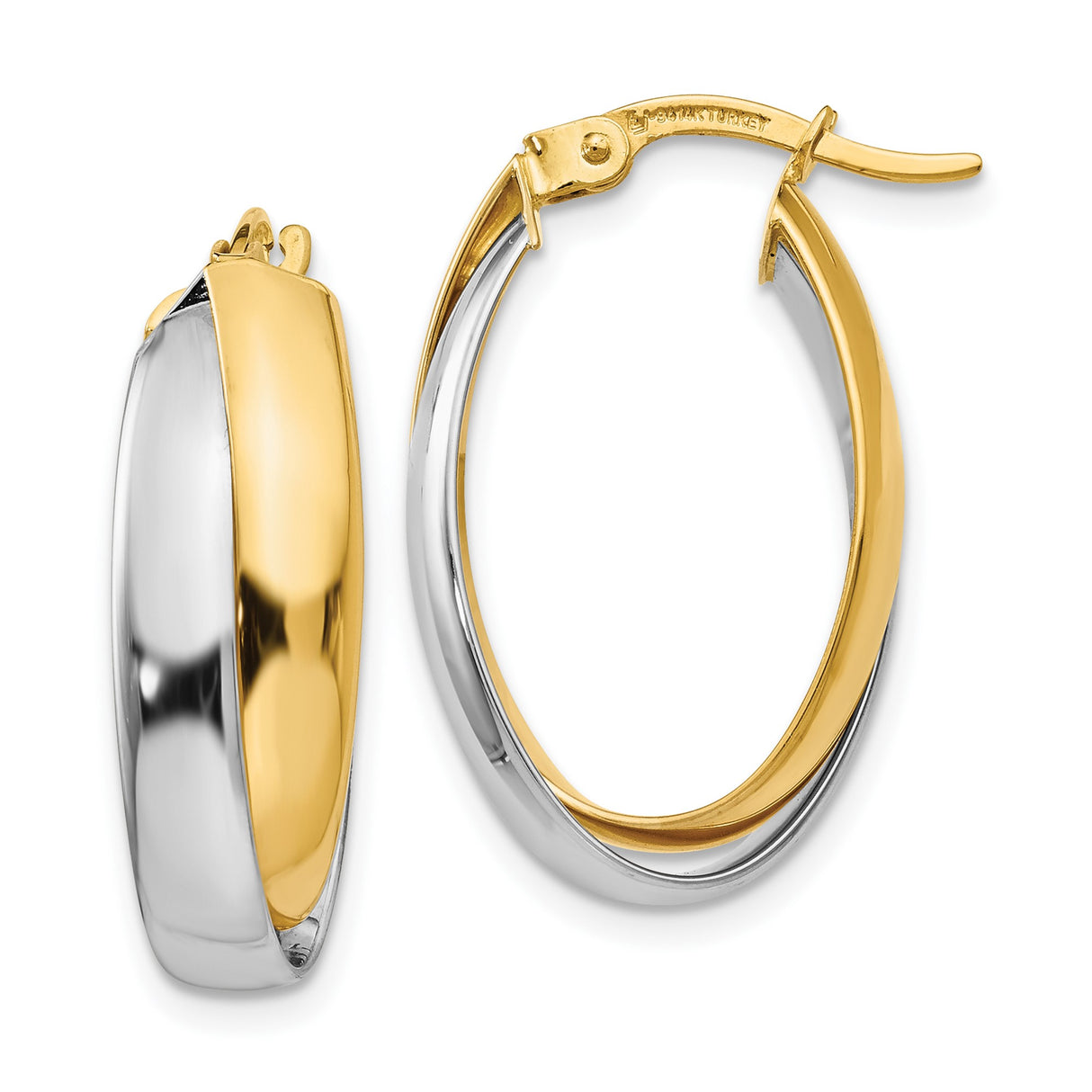 14k Two-Tone Gold Oval Hoop Earrings with Twisted Yellow and White Gold Design