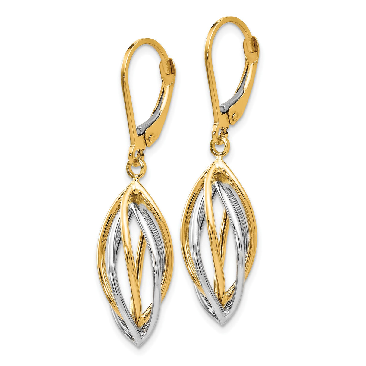 14k Yellow Gold Dangle Earrings, Two-Tone Marquise Twist Design with Leverback Closure