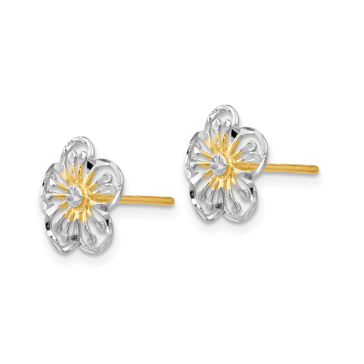 14k Yellow Gold Earrings, Flower Studs with Open Petal and Sunburst Design, Two-Tone Floral Motif