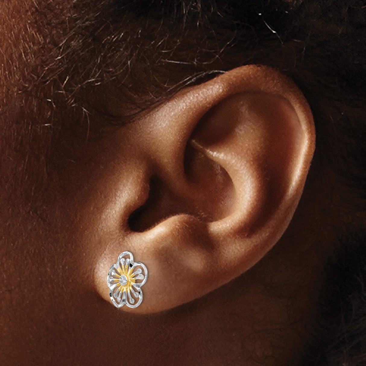 14k Yellow Gold Earrings, Flower Studs with Open Petal and Sunburst Design, Two-Tone Floral Motif