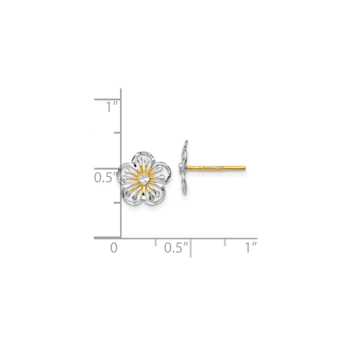 14k Yellow Gold Earrings, Flower Studs with Open Petal and Sunburst Design, Two-Tone Floral Motif