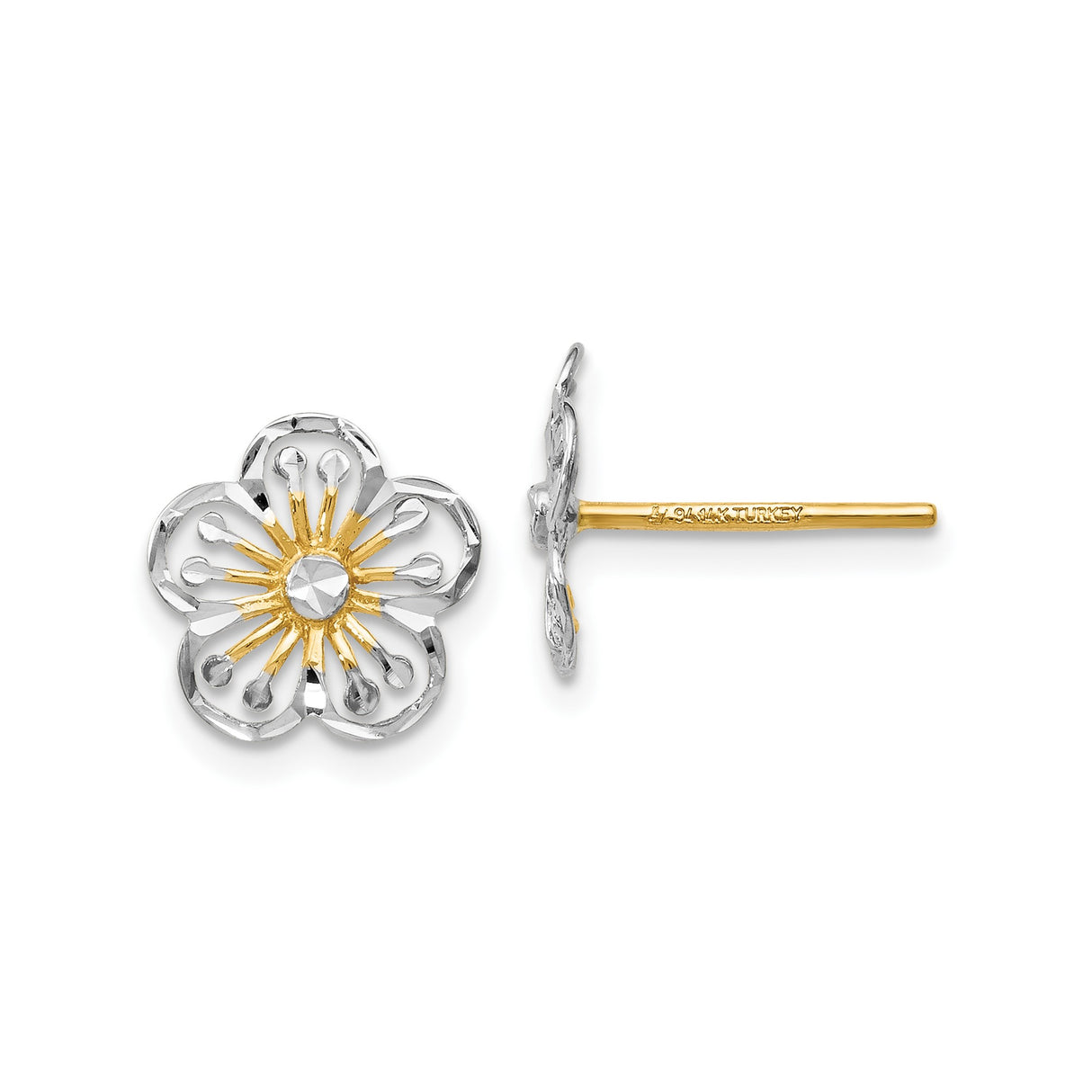 14k Yellow Gold Earrings, Flower Studs with Open Petal and Sunburst Design, Two-Tone Floral Motif