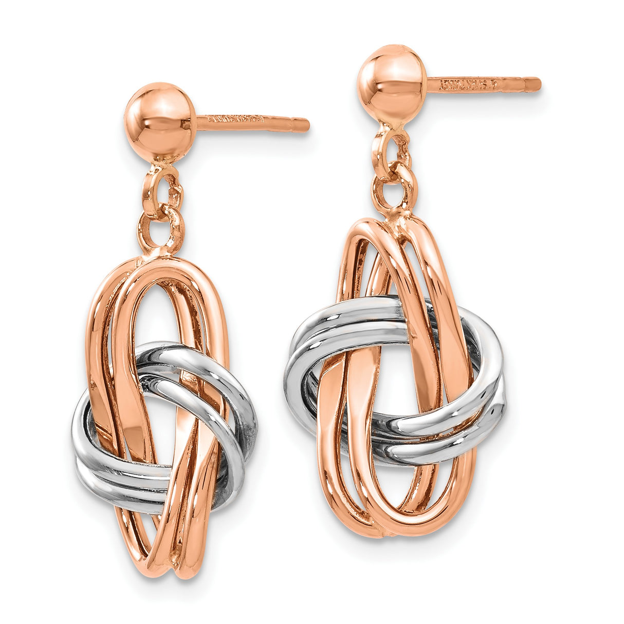 14k Two-Tone Gold Love Knot Dangle Earrings with Rose and White Gold Loops