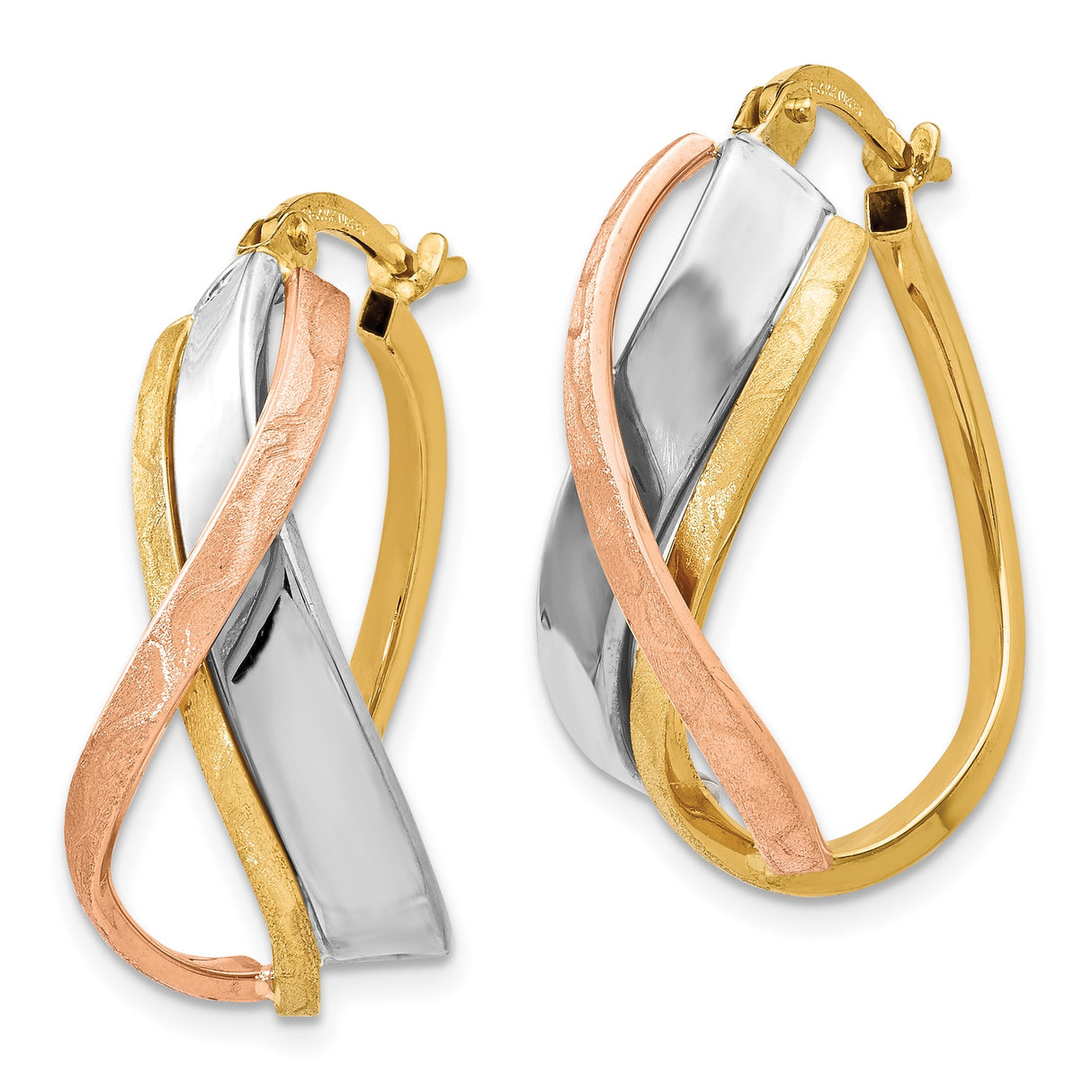 14k Tri-Color Gold Twisted Hoop Earrings with Infinity Style Design for Women