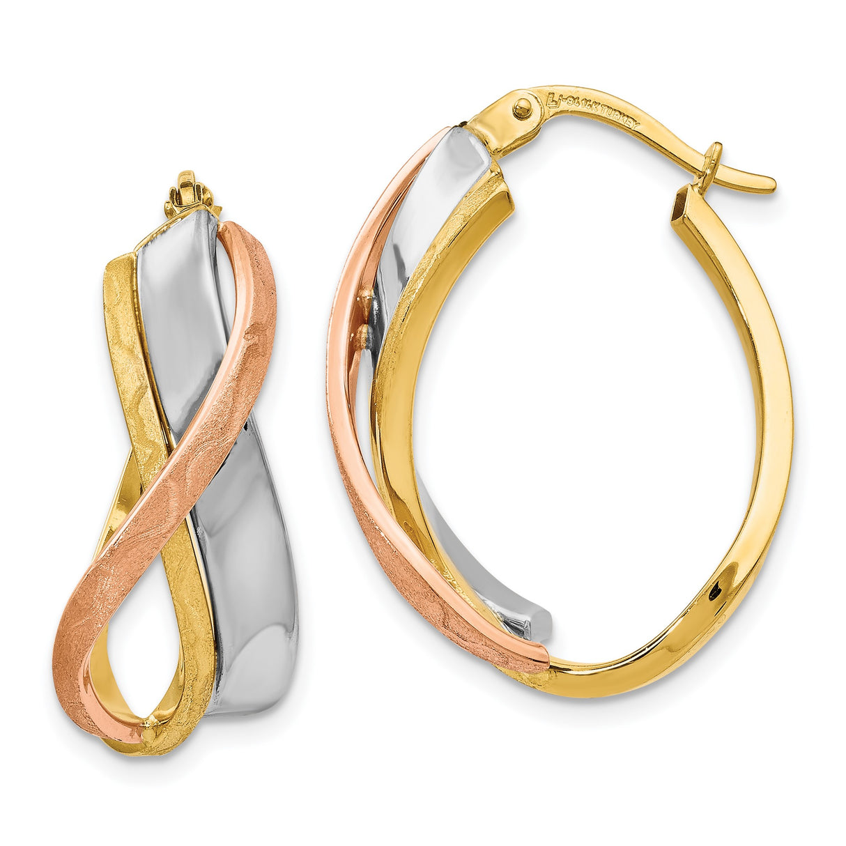 14k Tri-Color Gold Twisted Hoop Earrings with Infinity Style Design for Women