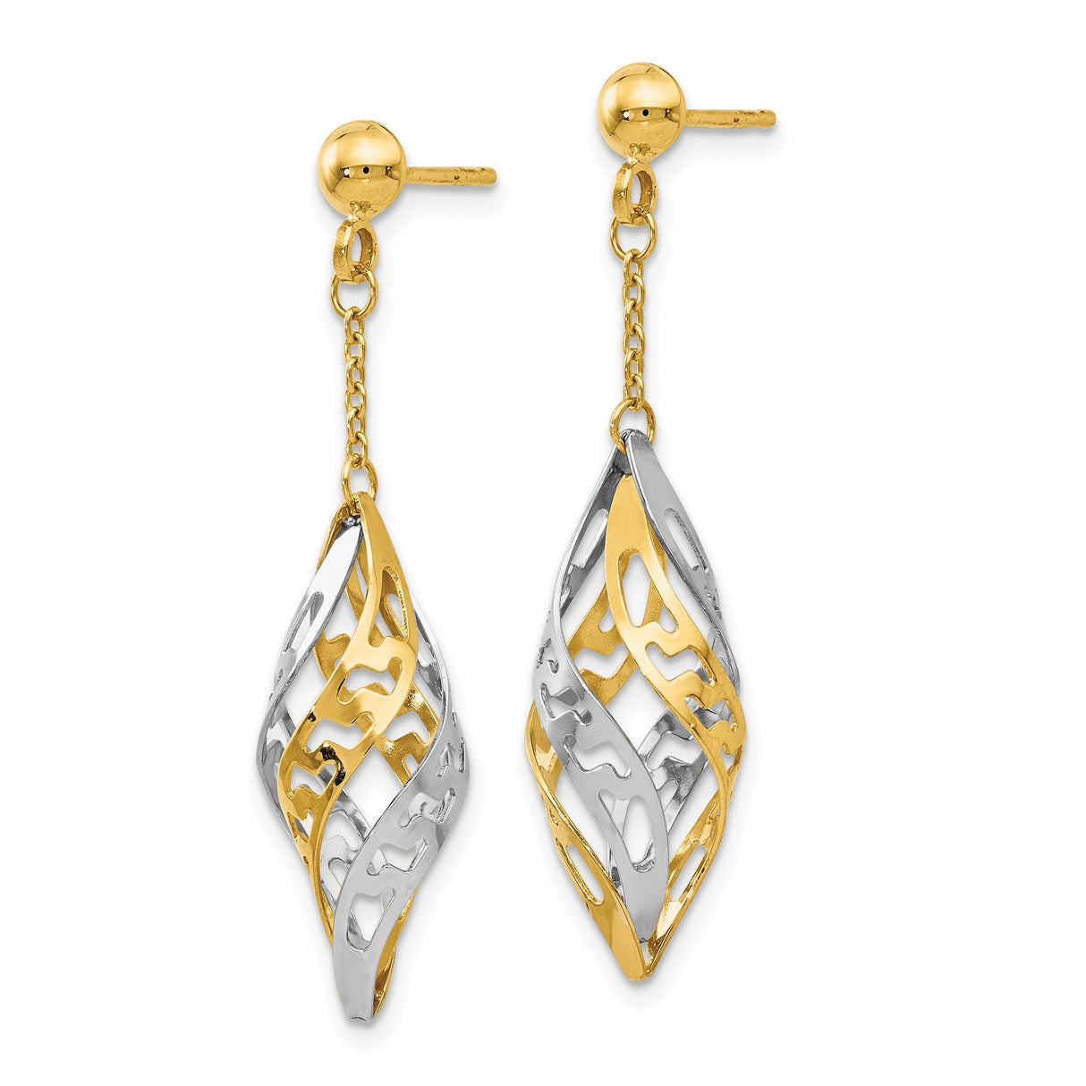 14k Yellow Gold Dangle Earrings with Twisted Leaf Design, Two-Tone Lightweight Drop Style